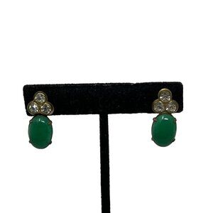 Vintage Screw Back Earrings Clear Rhinestones‎ Green Glass Center Dangle Drop